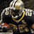 Pixelated image of a football player in a black uniform with yellow and white accents, holding a football, with text identifying him as Reggie Bush of the New Orleans Saints.