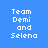 Blue square with white text "Team Demi and Selena" above a of six pixelated celebrity portraits in two