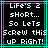 Pixelated text in white on black background with cyan border, displaying 'LiFe'S 2 short... So Lets Screw this up Right!' across multiple lines