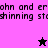 Pixelated text and star icons on a split background of pink, purple, and black with visible pixelation.