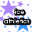 Pixelated text on a starry background with purple and blue stars, black outlined white letters reading 'ice athletics', 'and ultimate athletics', 'are my world!', and a heart symbol.