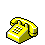 Two pixelated yellow rotary telephones on gray background; right phone has handset lifted and scattered black dots above it.