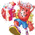 Pixelated character with red fur and blue shorts on white background, next to solid blue with 'OH YEAH!' text
