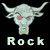 Pixelated icon of a light gray bull-like creature with red eyes and yellow markings on its chest, positioned above the word "Rock" in blocky white text against a black background.