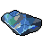 Pixelated abstract shape with blue, green, and gray tones on a light gray background, rendered in a low-resolution style with distinct pixel blocks.