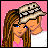 Pixel art contact sheet showing two animated frames of a couple with text elements on pink and gray backgrounds.