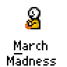 Animated contact sheet of a yellow stick figure mascot performing various actions with basketballs and hoops during March Madness, displayed on a gray background with white sparkles.