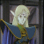 Pixelated elf-like character with blonde hair and pointed ears, wearing blue and green robe with gold trim, positioned behind dark -like structure