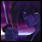 Pixelated anime-style character with dark purple hair and glowing orange eyes, holding a sword against a purple gradient background, next to text reading "AnimeIM" and "com".