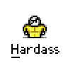 Animated contact sheet of a yellow stick figure character in various poses with text banners above, each frame labeled "Hardass."