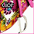 A static image of a pink and yellow cartoon character with white gloves, holding a colorful object against a white background.