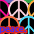 Pixelated peace sign icons in multiple colors with 'peace.' text on a red banner below.