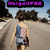 Pixelated image of a person with short dark hair wearing a sleeveless dress, standing on a beach with trees and sky in the background, under a purple text banner.