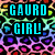 Pixelated icon with cyan text 'GAURO GIRL!' on black background, surrounded by colorful abstract patterns.