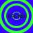 Four identical circular green rings on a blue background with the text RACHEL in black pixelated font inside each ring.