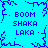 Blue pixelated background with dark blue text and branching patterns, displaying repeated 'BOOM SHAKA LAKA' text in four quadrants.