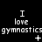 Black background with white pixelated text reading "I love gymnastics" repeated three times horizontally, each instance featuring a distinct small symbol below the text.