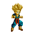 Pixelated character with spiky blonde hair in fighting stance, wearing blue pants and red belt.