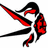 Pixelated figure with black hair and red accents in dynamic pose, holding a long curved object against white background.