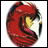 A circular red and black animated icon with yellow and white accents, featuring a stylized character face on a white background.