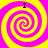 Four identical spiral patterns arranged in a on a bright yellow background, each with a black 'I' above it