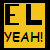 Two side-by-side animated frames of a yellow and black buddy icon with "EL" text above "YEAH!" in pixelated rainbow colors.