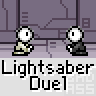 Animated contact sheet of 25 pixel art frames showing a lightsaber duel between two characters in a gray corridor, with visible text "Lightsaber Duel" beneath each frame.
