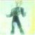 Pixelated figure in dark green attire with arms extended, standing against a light gradient background transitioning from pale yellow to white.