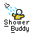 Pixelated icon shows a yellow-shirted figure with white head holding showerhead, blue water droplets falling leftward against gray background.