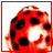 Red and black spotted creature with glowing white eyes, animated to blink while text above changes from 'FLY' to 'FLO' then 'FLOO'.