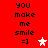 Red background with black text reading 'you make me smile =]' and two star icons, one white and one pink, in a static layout.
