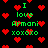 Green text on black background with red pixel hearts, displaying "I love Armani xoxoxo" in a repeating pattern.