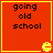 Red square with yellow border containing black text 'going old school' and a yellow Pac-Man icon in the bottom-right corner.