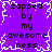 Purple background with white pixelated border and black text reading 'zapped by my awesomeness' repeated in four quadrants.