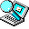 Pixelated icon of a blue and white flower with checkered pattern, gray wings, and cyan stem on light background.