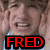 six identical pixelated images showing a person with hands near ears, each overlaid with the word "FRED" in different solid colors