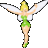 Pixelated fairy figure with white wings and green dress transitions to a dark, mossy creature with gray wings against light gray background.