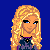 Pixel art image with three sections: a blonde woman, a torso holding a bag, and green hearts on blue background.