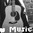 Black-and-white image of a person holding an acoustic guitar, with 'Music' text and heart symbols below the instrument.