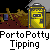Animated sequence showing a yellow porta-potty tipping over with a character in orange clothing, set against a dark background with brown debris.