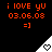 Red text 'i lOVE yU 03.06.08 =]' above a white triangular shape with heart symbols that change from solid to outline.