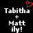 Black background with white pixelated text 'Tabitha + Matt ily!' and a red heart symbol above the left side of the text.