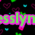 Pixelated text 'esslym' in bright green with pink outline on black background, surrounded by floating heart shapes.