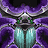 Pixelated static icon of a stylized insect-like creature with purple wings, green eyes, and turquoise segmented body against dark background.