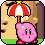 Pixelated pink character with closed eyes and red shoes holds a red-and-white umbrella against a beige background with brown vertical elements.