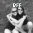 Two pixelated figures embrace in grayscale; text above reads 'B:FF' in blocky white letters.