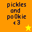 Pixelated text 'pickles and poOkie <3' on orange and yellow backgrounds with a yellow star in one frame and an orange star in another.