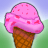 Pink ice cream cone with sprinkles in a waffle cone, set against green and blue background.