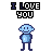 Pixel art robot character in blue tones with red accents, performing actions under "I LOVE YOU" text