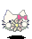 Pixel art of a white cat with pink bow, holding a flower-like object, next to 'Welcome' text in pink pixels.